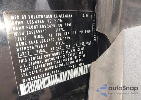 2011 Volkswagen Tiguan Se from USA, damaged, VIN WVGAV7AX9BW532711